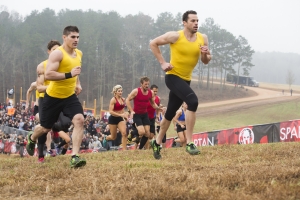 SPARTAN: ULTIMATE TEAM CHALLENGE -- Episode 101 -- Pictured: (l-r) Ben Greenfield, Matt Anderson of "Wedding Ringers"; Stephanie Keenan, Adam Von Ins, Stephen Siraco of "Charleston Warriors"; Jonathan Burns of "Wedding Ringers" head up the hill in heat one -- (Photo by: Mark Hill/NBC)