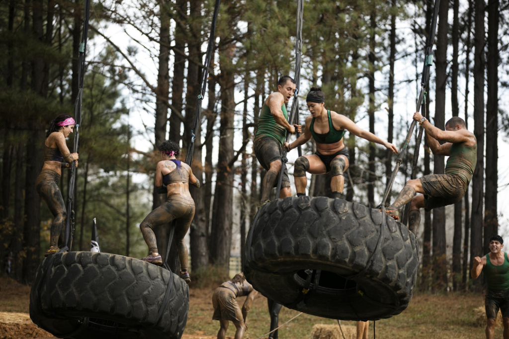 SPARTAN: ULTIMATE TEAM CHALLENGE -- Episode 107 -- Pictured: (l-r) Amber Johnson, Aimee Flint of "Bounce Squad"; Ronald Quintero, Gillian Gallego, Horacio Pastor of "The American Dream Team" -- (Photo by: Mark Hill/NBC)